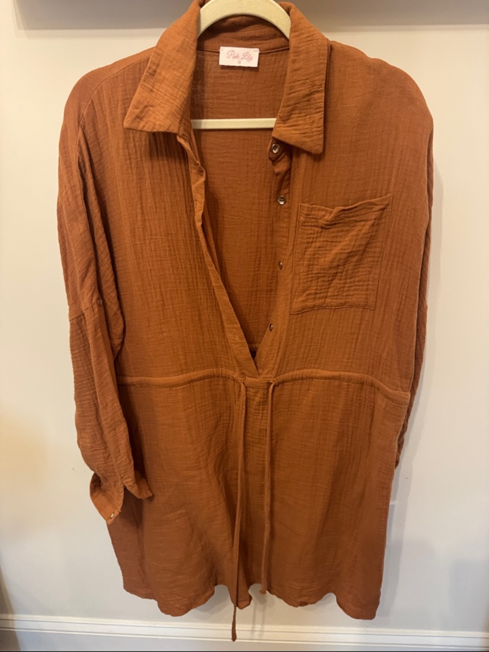 Pink Lily Rust Orange Button-Front Casual Shirt Dress